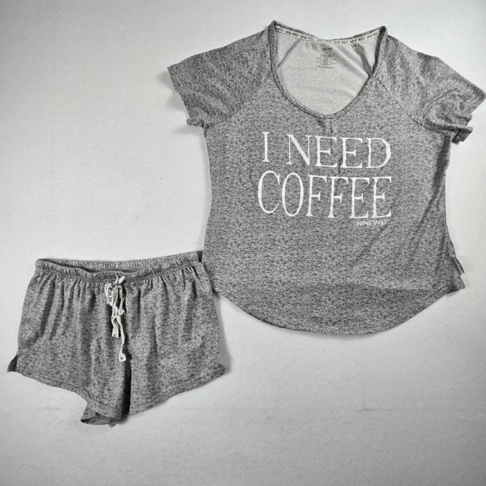Nine West Pajama Set Women Small Gray I Need Coffee Graphic Top Shorts Sleepwear